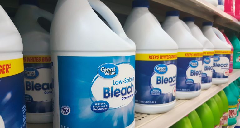 Houston, Texas USA 12-23-2019: Generic bleach bottles on a super
