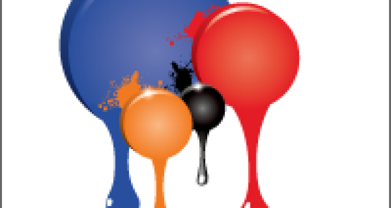 Illustrated paint colour samples - blue, orange, black and red